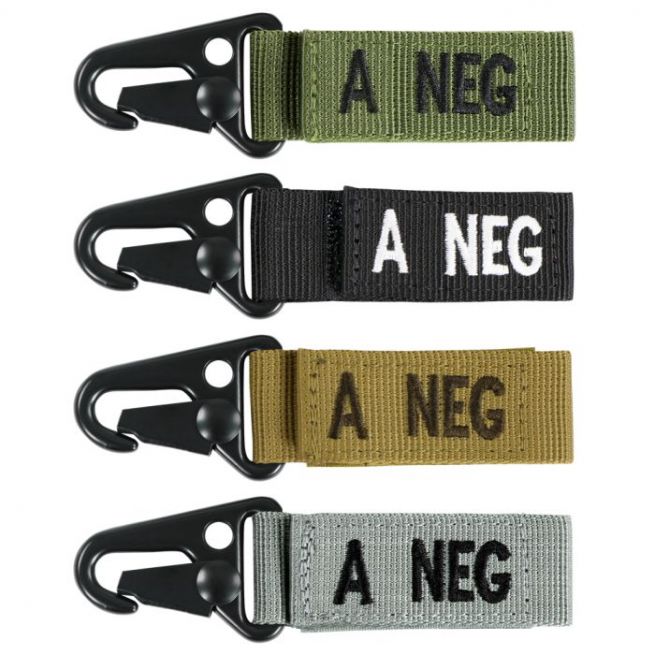A- BLOOD TYPE SEWN ON HOOK & LOOP WEBBING STRAP WITH QUICK RELEASE SNAPHOOK.